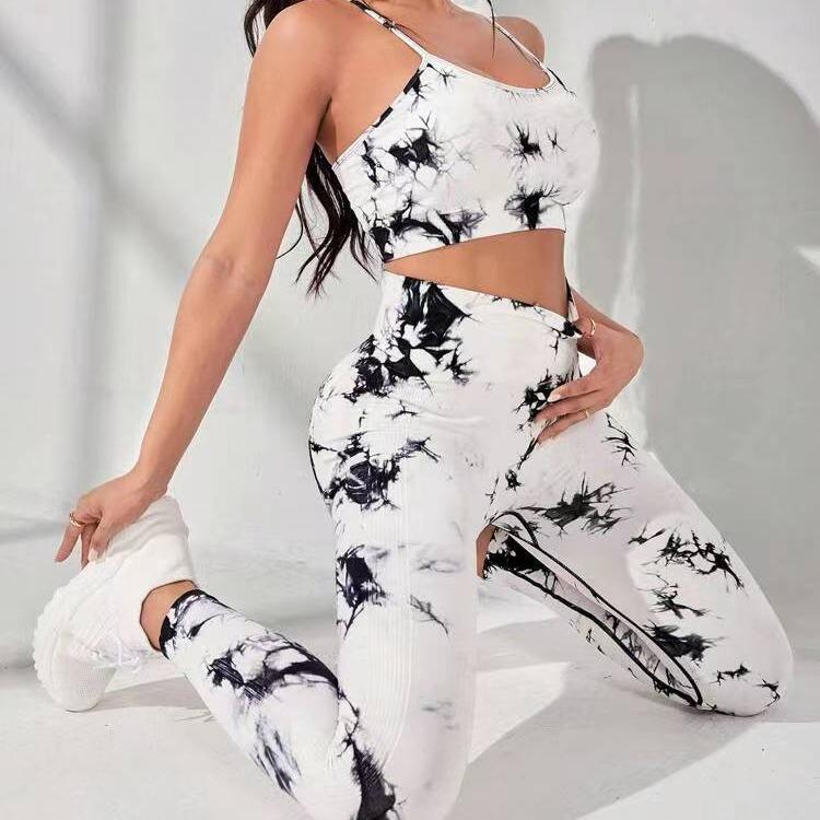 

Женский комплект для йоги с высокой талией тай-дай - Трансграничная фитнес-одежда S белый