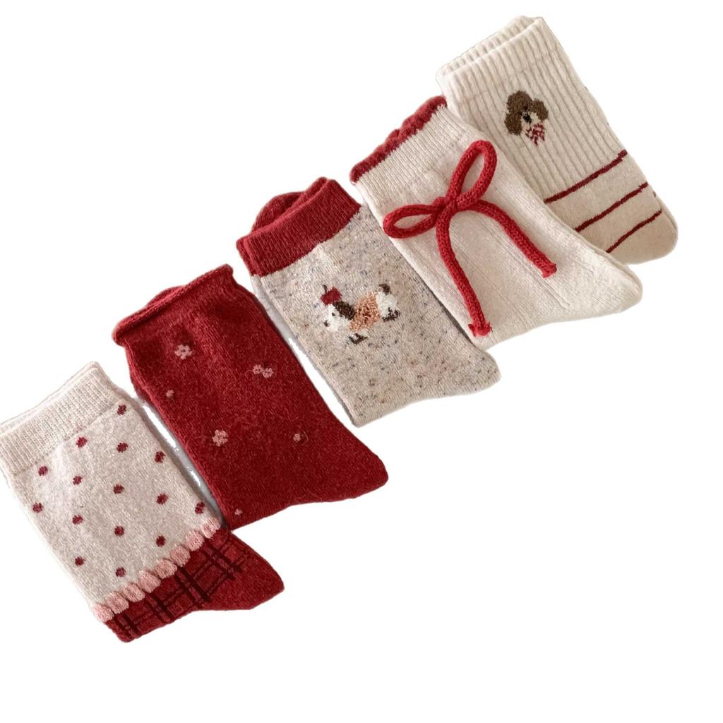 Red Wool Socks Fashion Red New Year Socks Christmas Socks Bow Socks