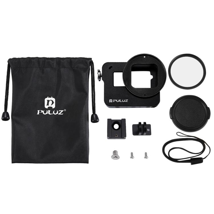PULUZ Gehäuseschale CNC-Aluminiumlegierung Schutzkäfig mit Versicherungsrahmen und 52-mm-UV-Objektiv für GoPro HERO /7 Schwarz /6 /5