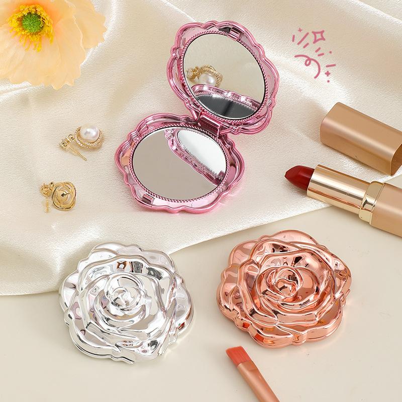 Rose-flowered Small Mirror, Student Portable Folding Mirror, Travel Pocket Mirror, Electroplated Flip Cover Makeup Mirror