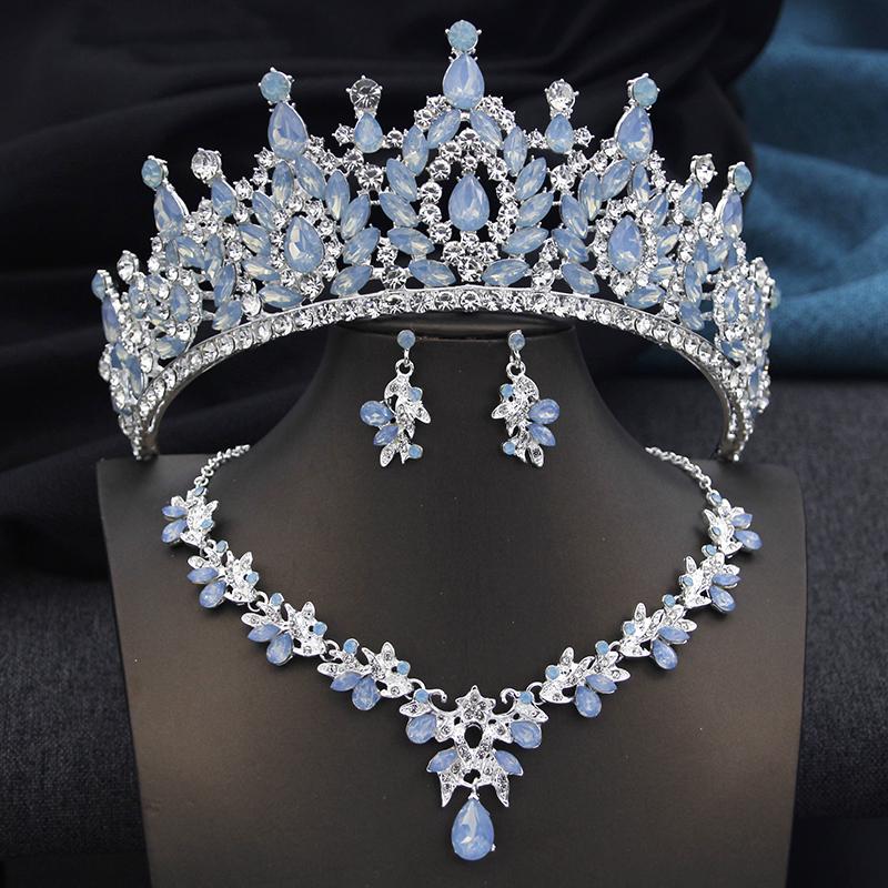 Golden AB 3 Pcs Tiaras and necklace earrings for Bridal Jewelry Sets Women Brides Wedding Crown Prom Birthday Accessories