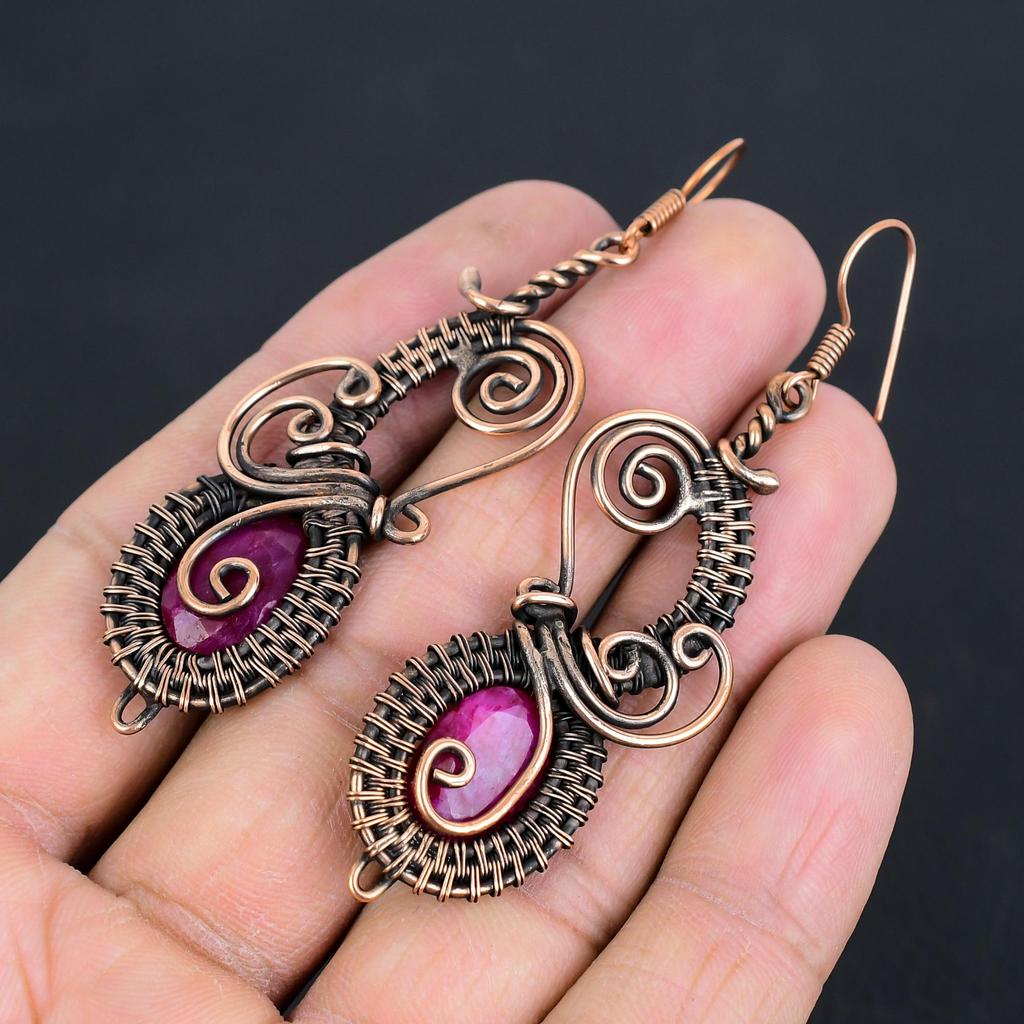 Ruby Earrings, 999 Copper Wire Wrapped Gemstone Jewelry, Handmade Earrings Amazing Jewelry, Gift For Her