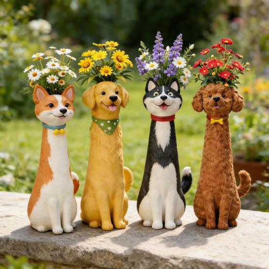 Handcrafted Quirky Dog Vase Whimsical Resin Dog-Shaped Flower Vase for Desk Bookshelf Indoor Outdoor Home Garden Decor