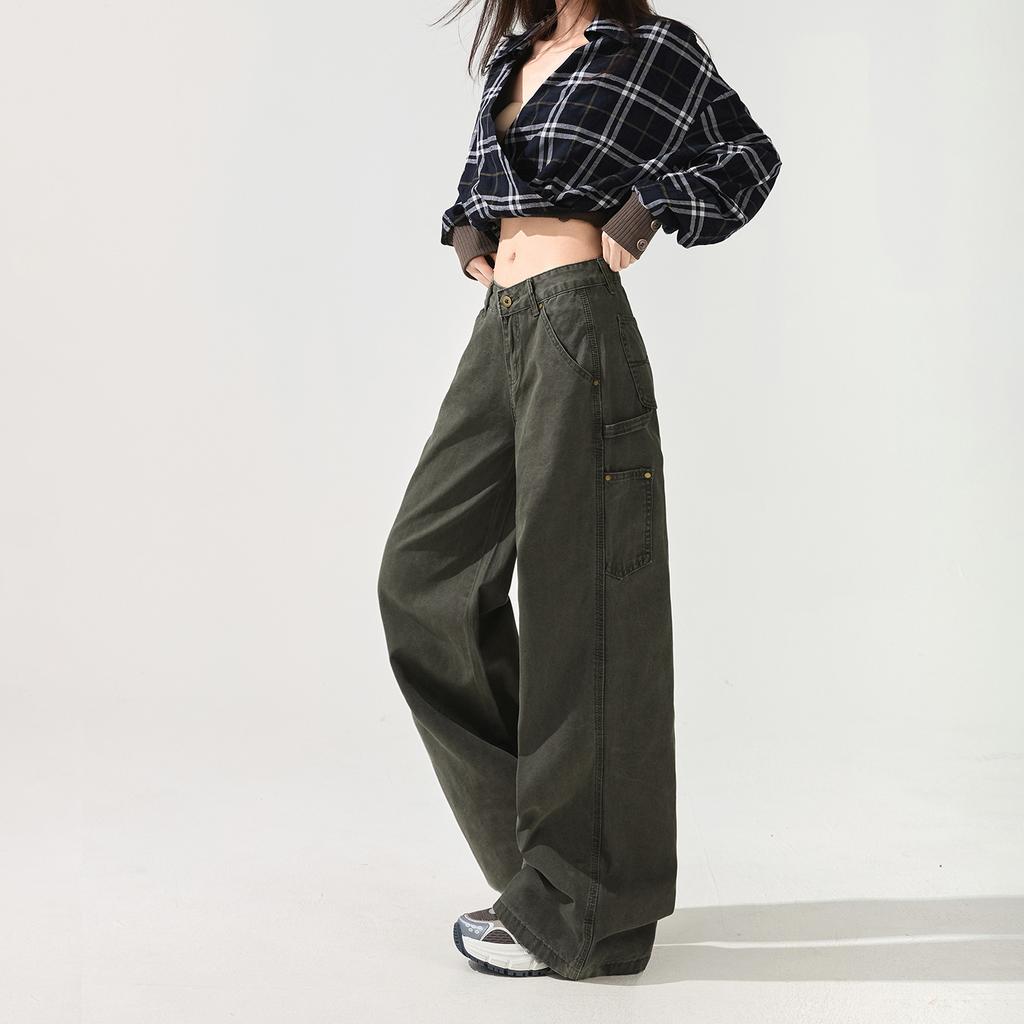 Early spring pure cotton American low-rise casual tooling jeans women's loose deconstruction splicing fashion non-stick leg flared pants