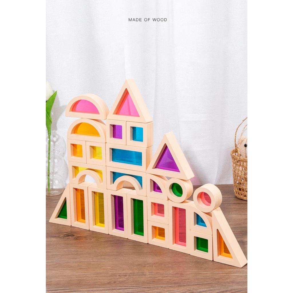 25 bucăți blocuri de construcție stivuite Jucării Montessori Jucării de construcție Jucărie senzorială cu geometrie colorată Blocuri din lemn curcubeu pentru preșcolar