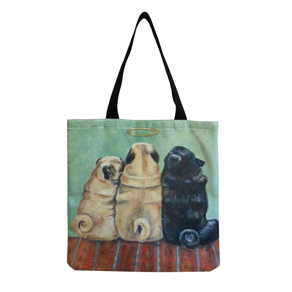 Women Vintage Linen Tote Bag - Large Capacity Dog Print Shoulder Handbag for Casual & Grocery Shopping KTB