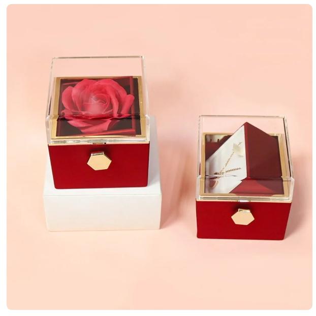 Eternal Rose In A Rotating Box Valentine's Day Gift Jewelry Box + Necklace