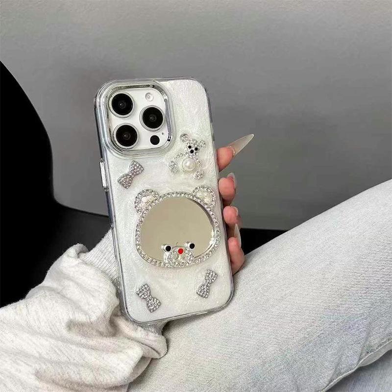 Pearl Bow Bear Mirror Phone Case for IPhone 17 Pro Dropping Glue for Apple 15 Shining Pink 14 Women's Edition