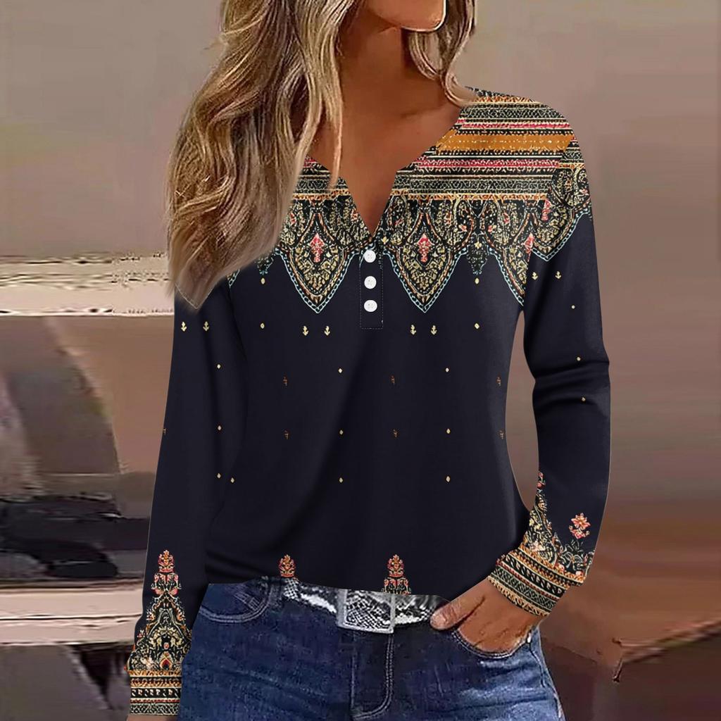 Women's T Shirt Tee Button Long Sleeve Daily Weekend Fashion Basic V- Neck Regular Top
