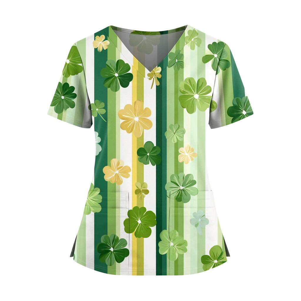 Frauen St. St. Patrick's Day Druck V-Ausschnitt Doppeltasche Kurzarm Uniform Oberteil mit geschlitztem Saum