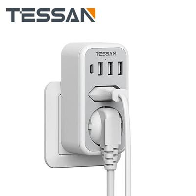 Tessan Adattatore per presa a muro UE con 2 prese e 3 caricabatterie USB (2,4A) e 1 porta di tipo C (3), Multipresa con presa multipla 6 in 1