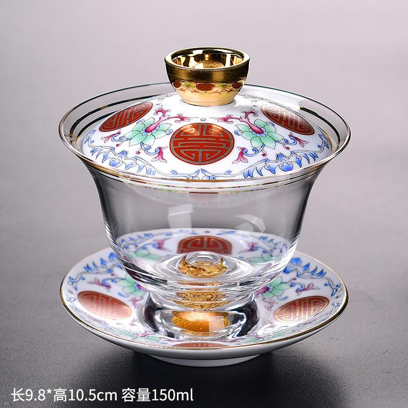 Enamel Colored Glass Gaiwan Puer Tea Bowls Crystal Tea Bowl Tureen Lid Bowl Lotus Hand Drawing Gaiwan for Travel Gai Wan Cup Set
