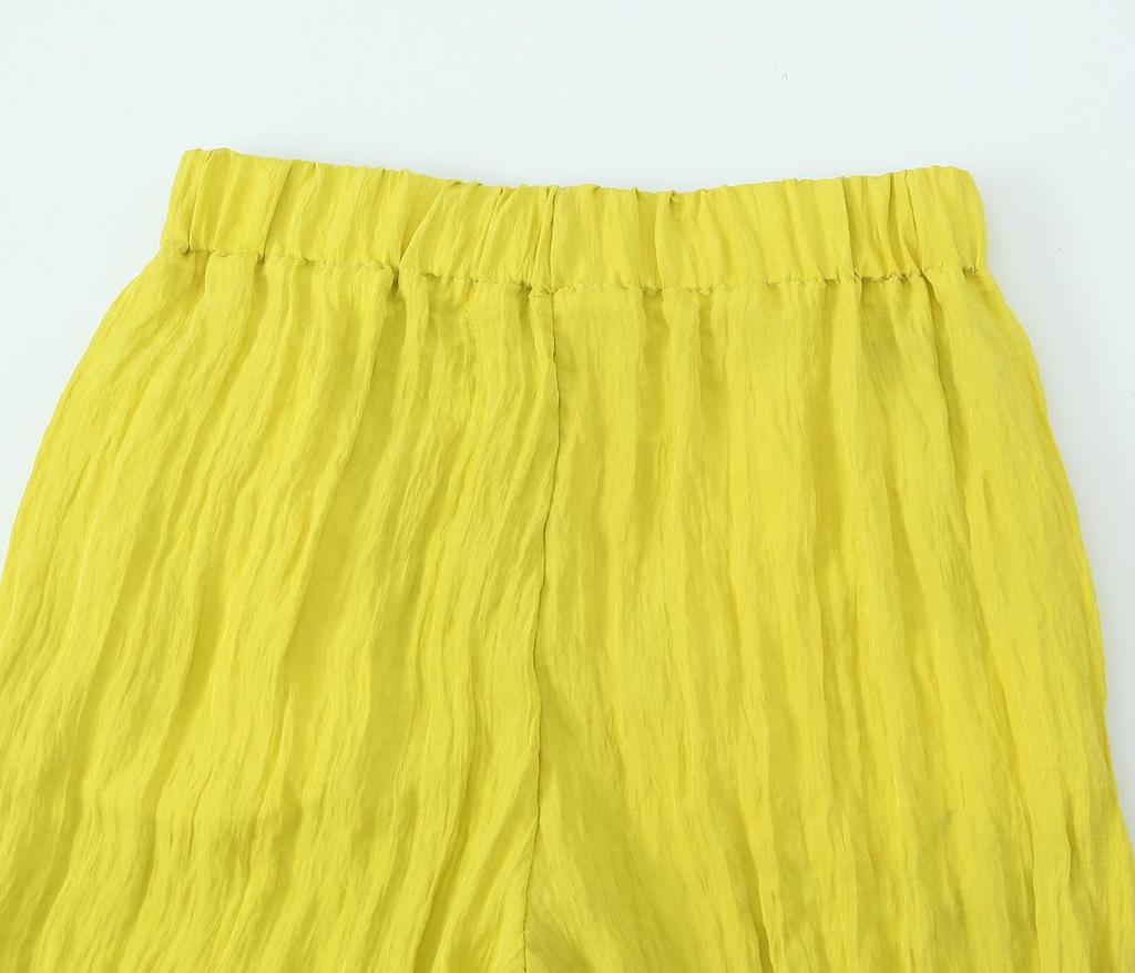 European & American Style Summer Wide Leg Elastic Waist Wrinkle-Effect Pants - Solid Color