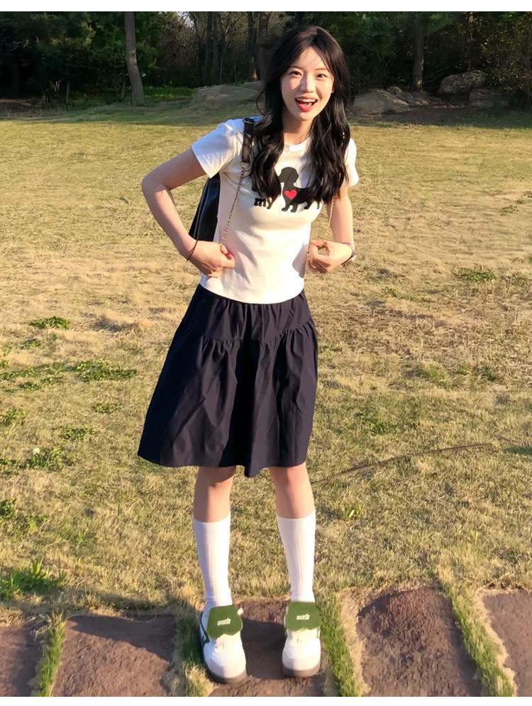 Navy Blue Japanese-Style A-Line Midi Skirt for Women - Summer 2025, High-Waisted, Casual Versatile College Style