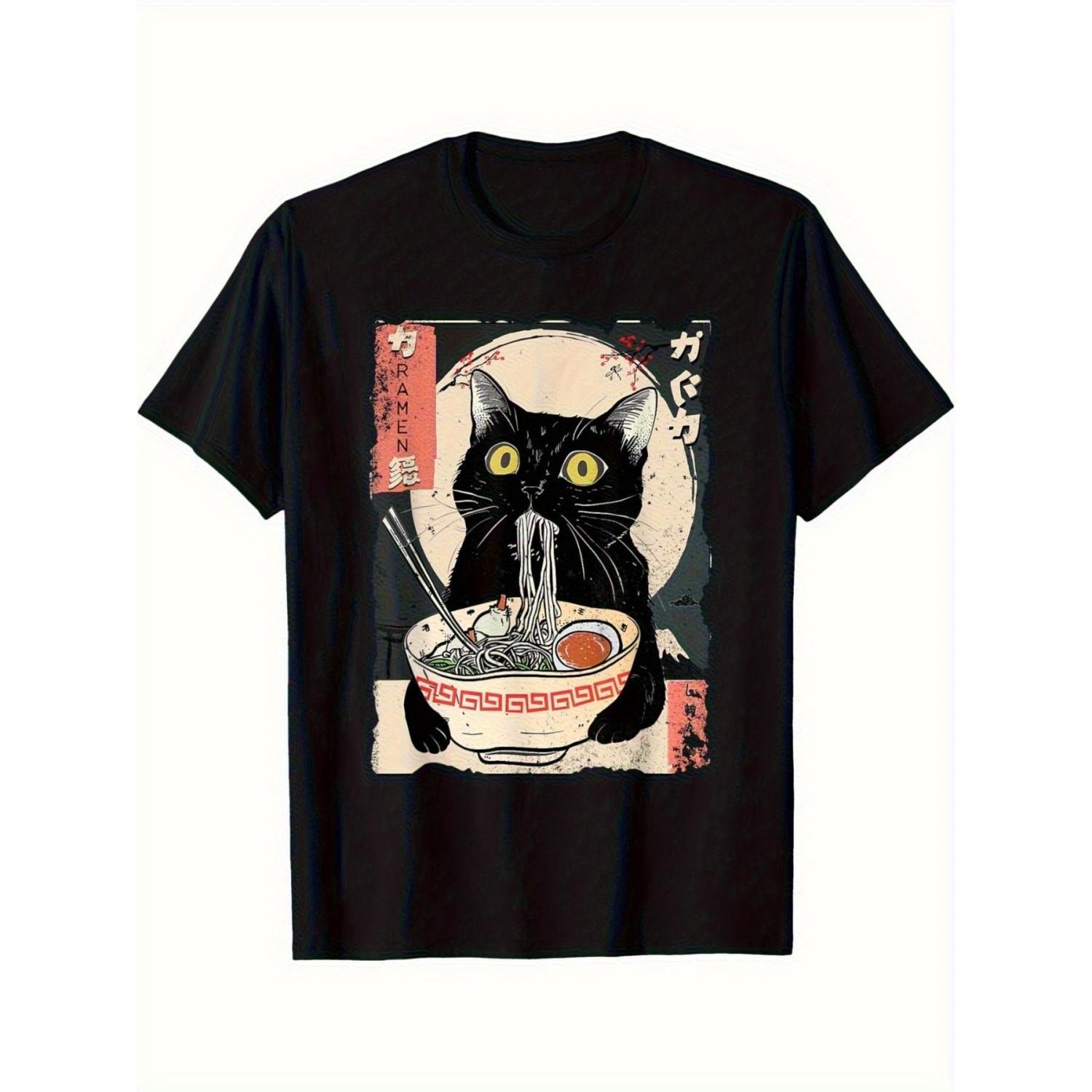 

Ramen Cat Eating Noodles Japanese Ukiyo E Graphic Tee Men Casual Short Sleeve Cotton TShirt XXXXXL чорний