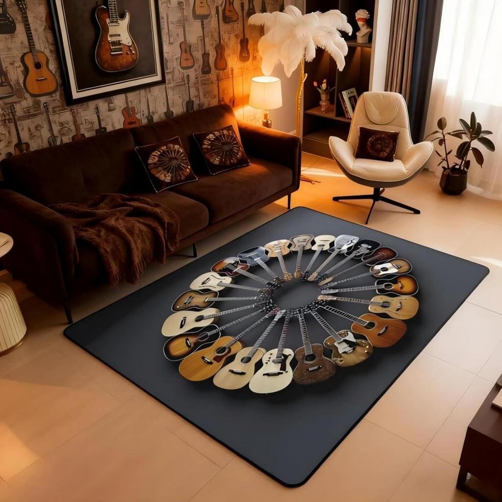 Round Guitar Large Area Rug 5x7 Musical Instruments Living Room Rug | Music Notes Modern Rock Rugs for Bedroom, Grunge Hip Hop Carpet Indoor