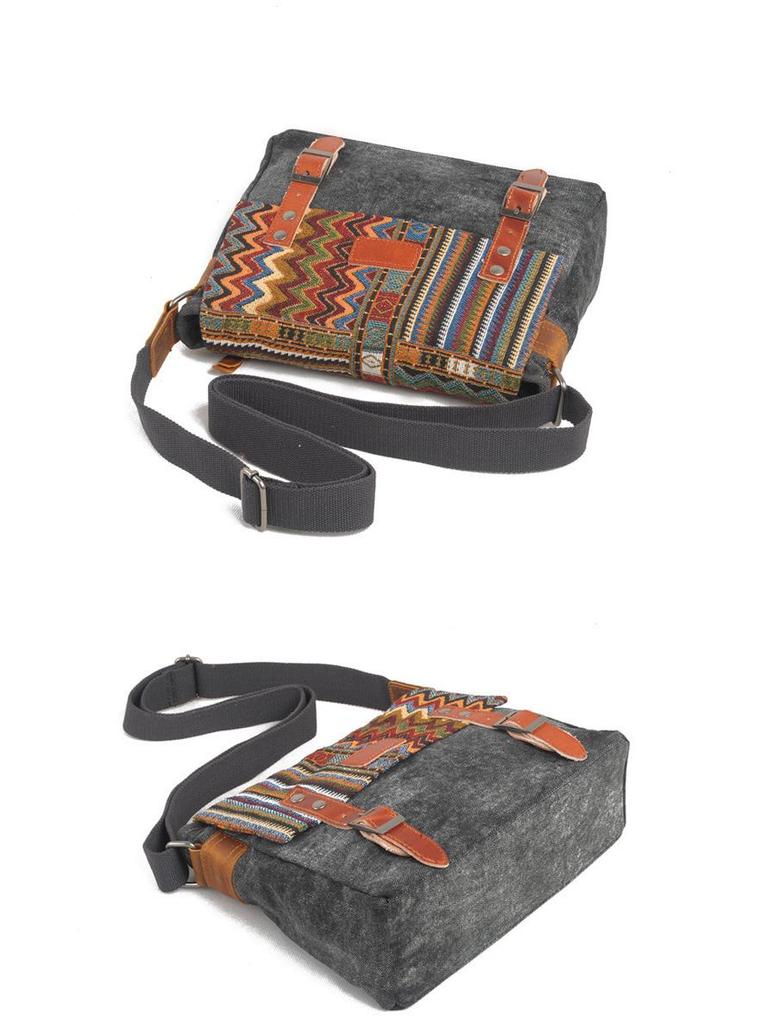 Ethnic Patchwork Canvas Shoulder Bag with Cowhide Buckle and Retro Webbing Design