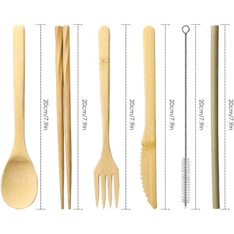 Bamboo Utensils Cutlery Reusable Cutlery Travel Set Bamboo Spoon Fork Knife Brush Chopsticks Straw Portable Utensils with Case