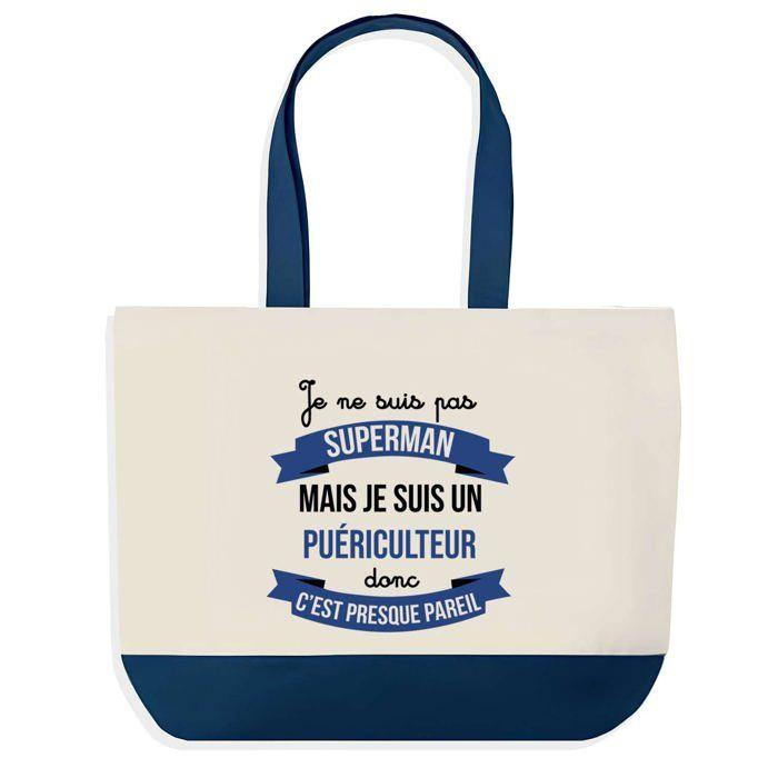 Sac shopping - PLANETEE - Fond bleu Puériculteur Superman - Coton - 40 x 45 cm - Impression HD