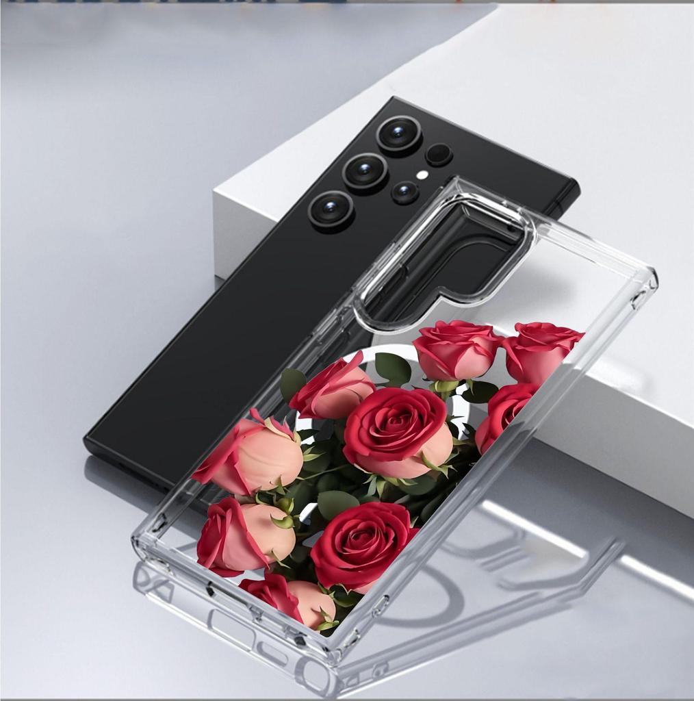Red Rose Magnetic Transparent Case for iPhone 15/16/17 Pro Max - Full Coverage Pro