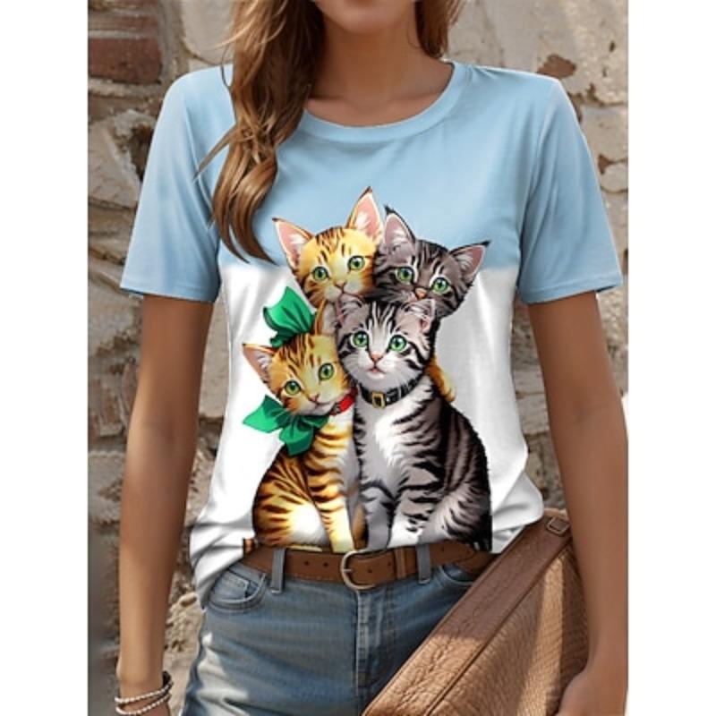 

Женская футболка Животное Повседневная Короткий рукав Круглый вырез Обычные Топы Ежедневный Принт Синий Лето S