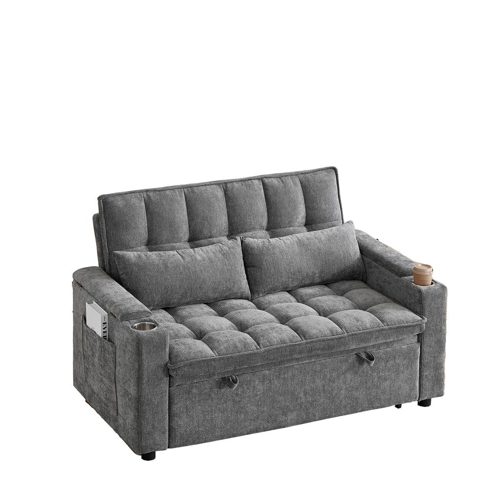 Um sofá-cama 3 em 1 com 142 cm de largura, função de reclinação, almofadas de assento e encosto macias como nuvens, duas almofadas lombares, arrumação, porta-copos