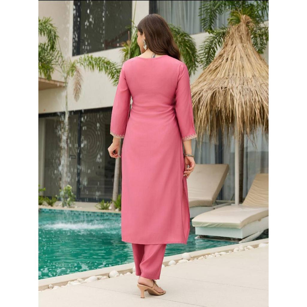 Women's Viscose Silk Embroidered Straight Kurta with Pant And Dupatta Sets