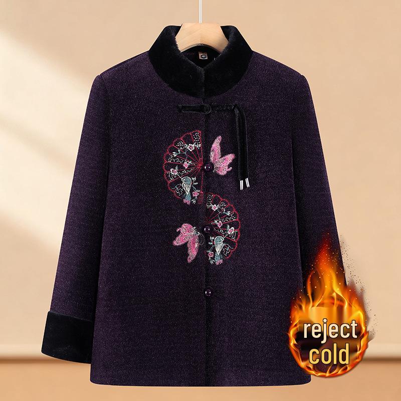 

Embroidered Winter Plus Cotton Jacket for Middle-Aged & Elderly Women, Grandma and Mom, Velvet Lined for Cold Protection XL фиолетовый