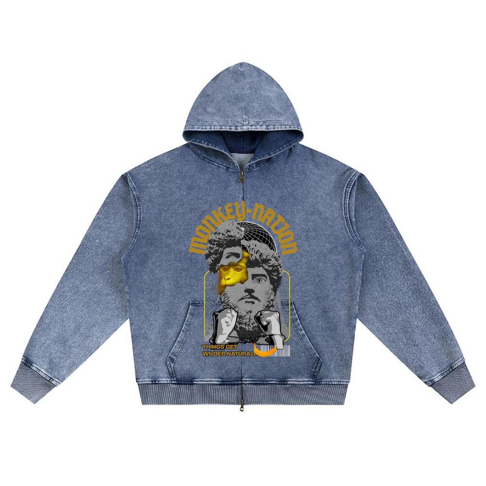 Nadruk DTG Dzianinowa Bluza z Kapturem na Zamek Dżinsowa Monkey Nation Nadruk Brata Bluzy Rozpinane z Kapturem