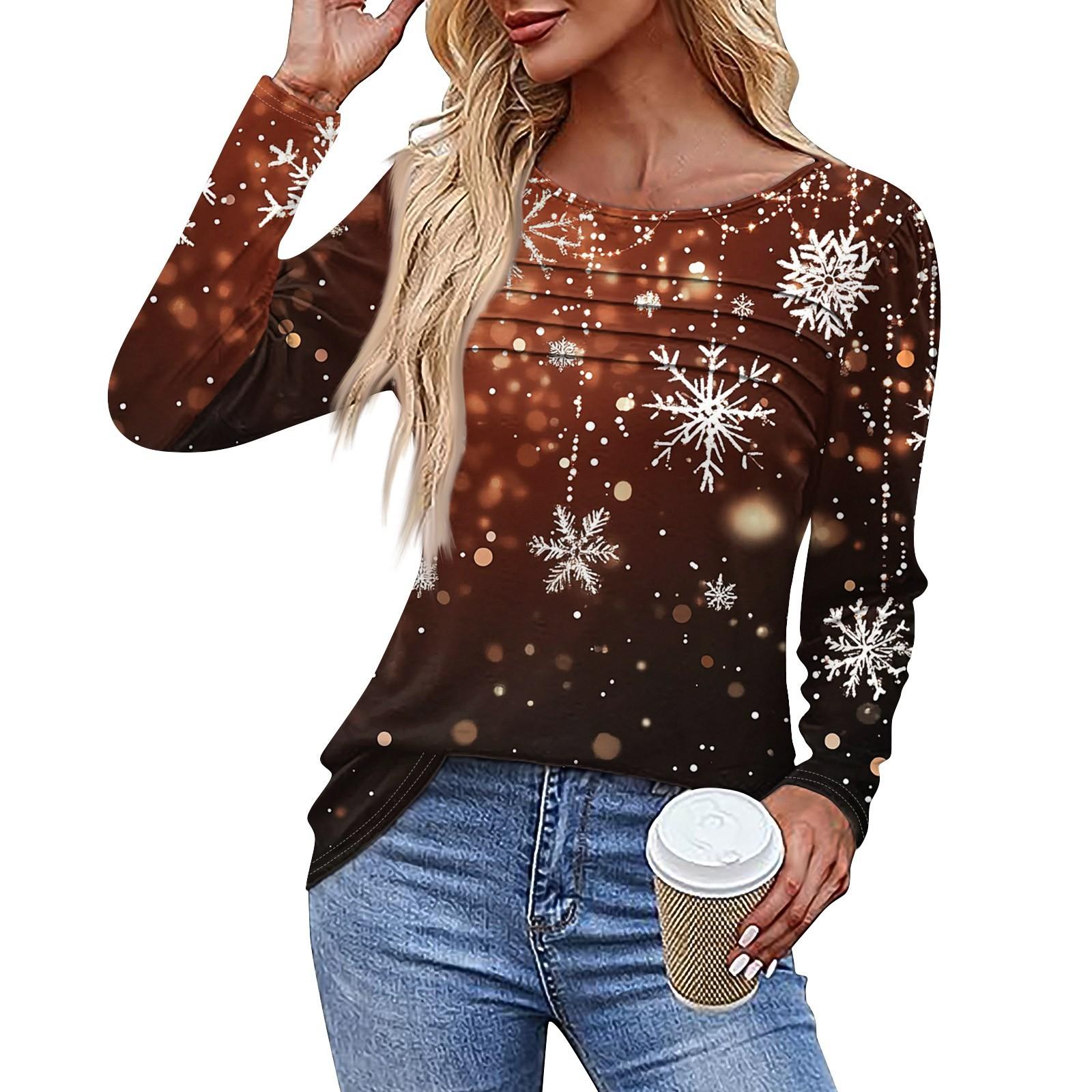 Женская повседневная модная футболка с круглым вырезом и длинными складками на Рождество — фото 11