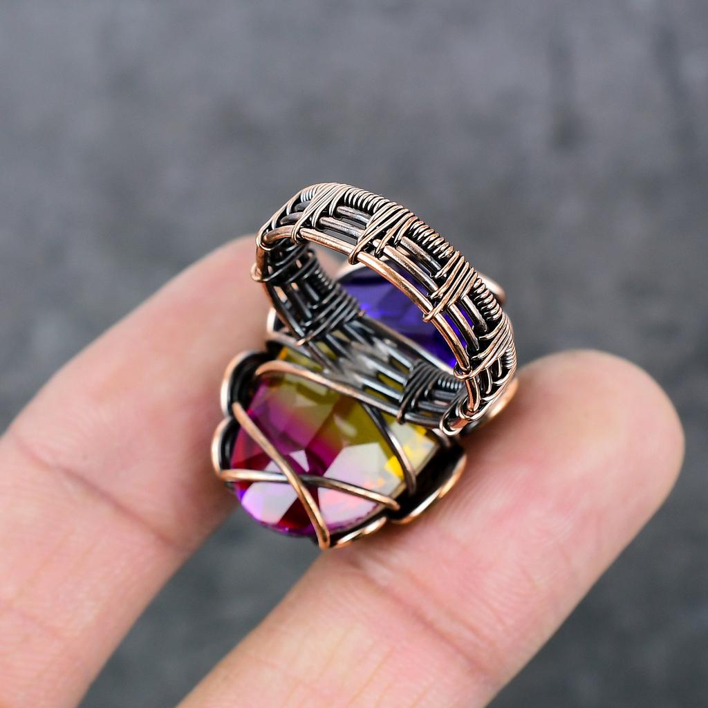 Bi-Color Tourmaline Handmade Copper Wire Wrap Jewelry Ring Size 9 L8m14
