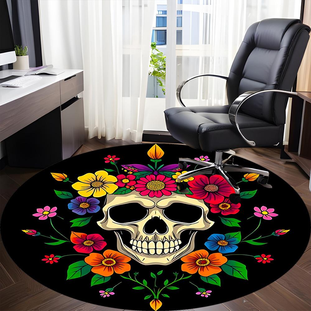 1PC Day of the Dead Skull Office Round Rug, Non Slip, Soft and Durable Office Rug for Interior Decoration, Perfect for Office