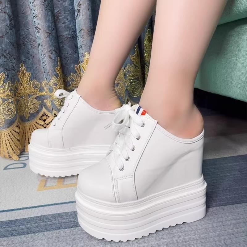 Fashion 14CM Summer new half slippers round toe without heel inside increase women sneakers Breathable canvas Platform Wedge shoes