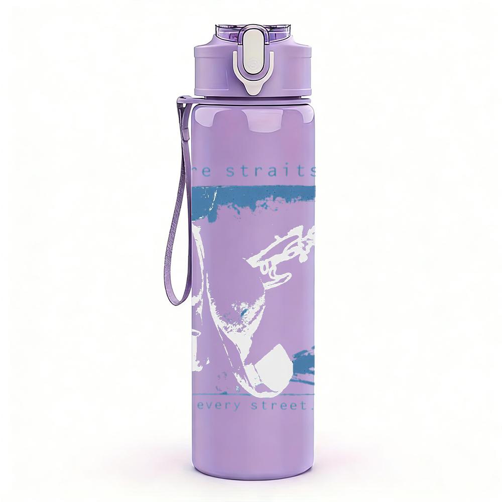 1PC Light blue rectangular band album print 750ml colorful plastic sports water bottle leakproof pop up lid with straw for outdoor work home use