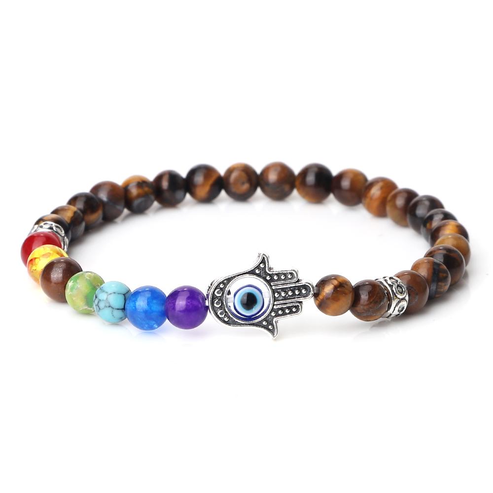 6mm 7 Chakra Beads Bracelets Lucky Evil Eye Hand Of Fatima Women Men Natural Lava Stone Agates Bracelet & Bangle Prayer Jewelry