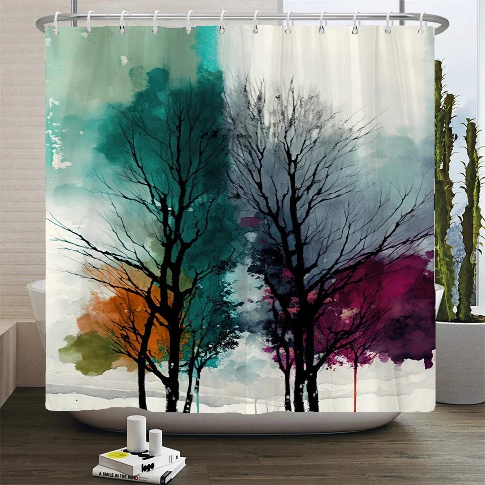 Stunning Watercolor Trees Print Water-resistant Shower Curtain with Artistic Design and Soft Colors for Vibrant Bathroom Decor