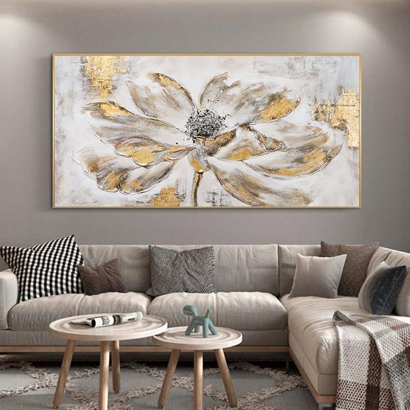 Golden Flower Abstract Home Decor Oil Painting Printed On Canvas Wall Art for Living Room Modern Posters Vintage Quadros Nordic