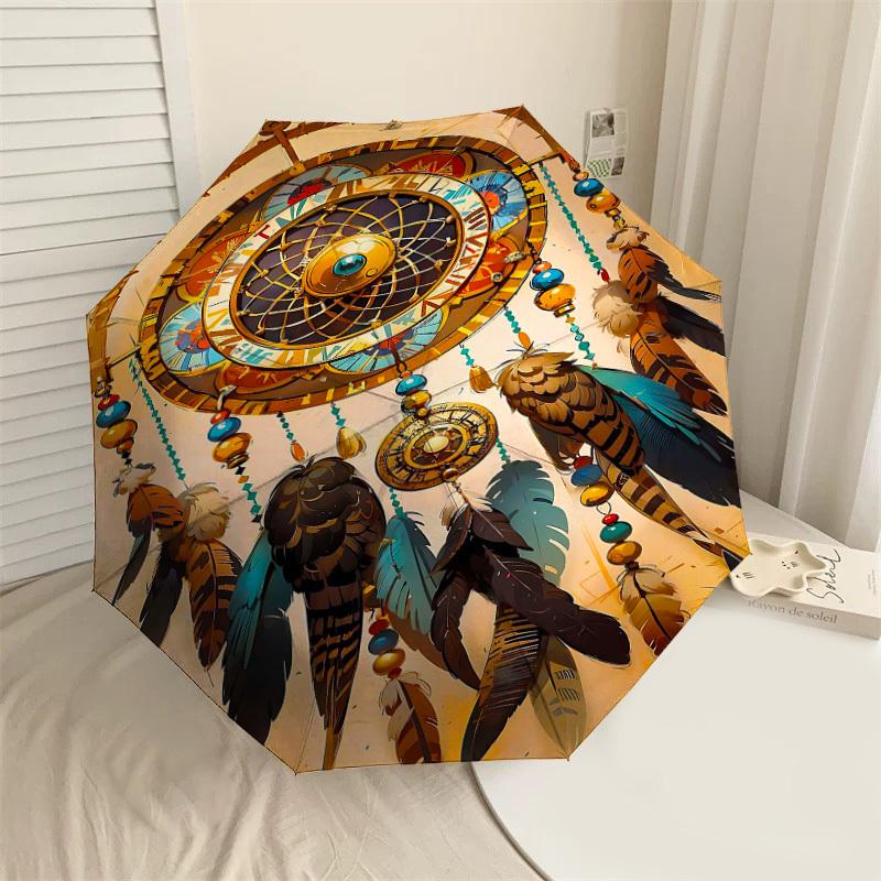 

1PC Dreamcatcher Feathers Umbrella-8-Rib Reinforced Portable Folding Travel Suitable for All Seasons Outdoor Daily Use-H0344