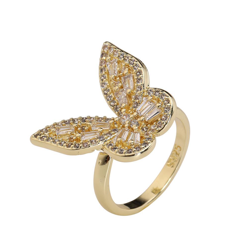 Customized Light Luxury Retro 18K Gold Plated Copper Zircon Butterfly Ring Ins Cold Wind Adjustable Women Jewelry Gift