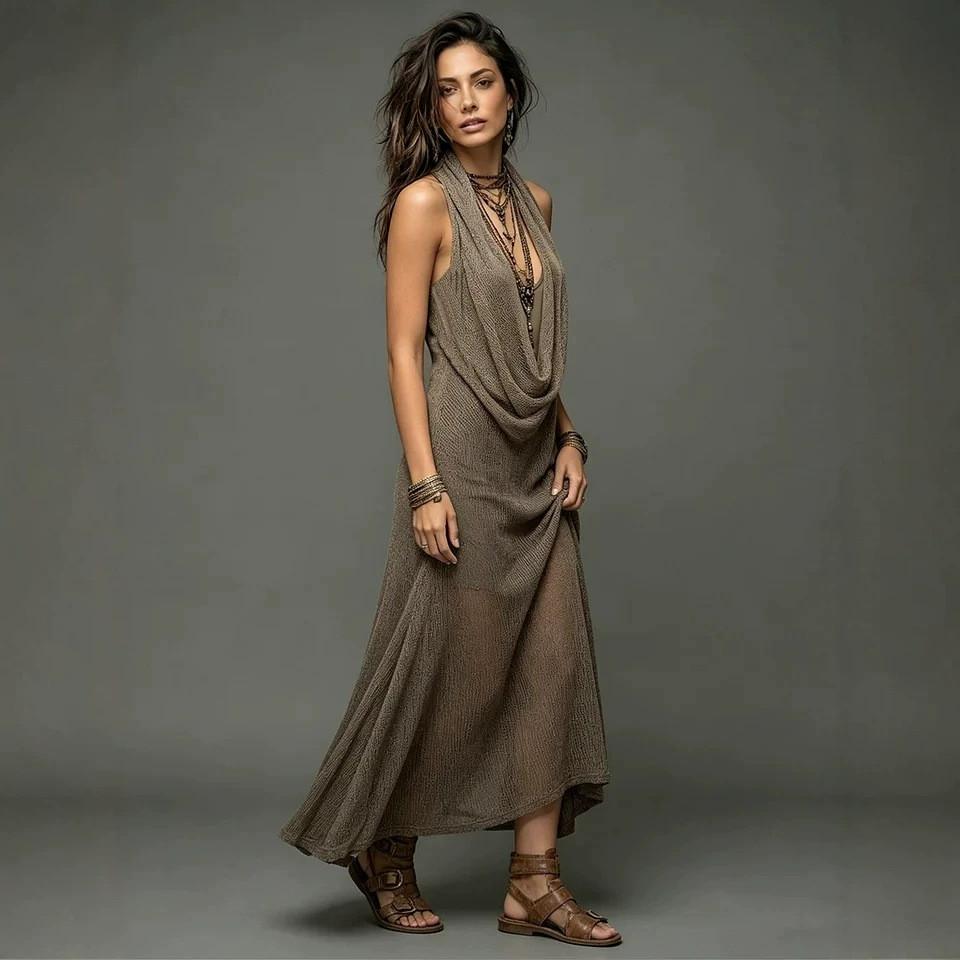 Bohemian Beach Dress With Knit Fabric For Vacation Travel