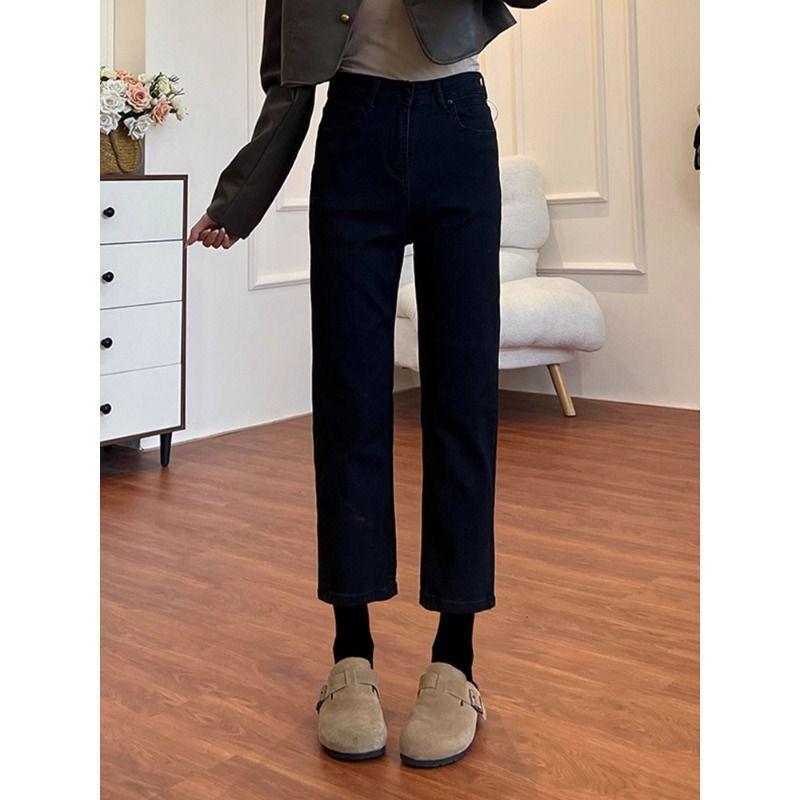 Women's Petite Black High Waist Straight Leg Jeans - Spring 2026 Style, Hip-Covering, Plus Size, Fleece-Lined, Slimming Fit