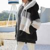 Autumn And Winter Warm Plush Patchwork Zipper Pocket Hooded Loose Jacket Women