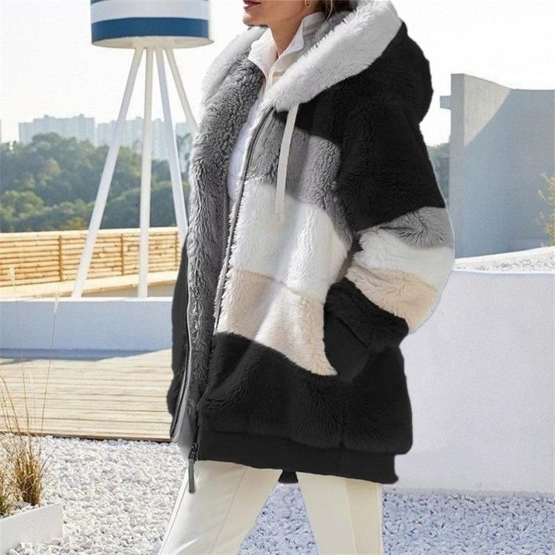 Autumn And Winter Warm Plush Patchwork Zipper Pocket Hooded Loose Jacket Women