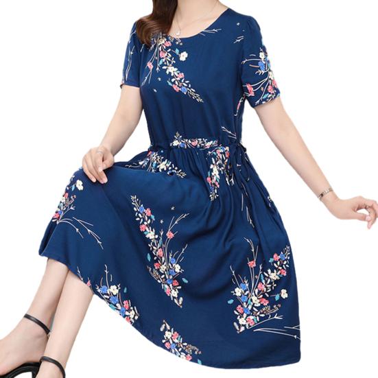 Women's Floral Print Summer Dress Boho Short Sleeve Crew Neck Midi Dress