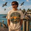 Florida Sunshine Tee, Retro Coastal Shirt - Distressed Pelican Lighthouse Print, Cotton Blend | Unisex S-XXL