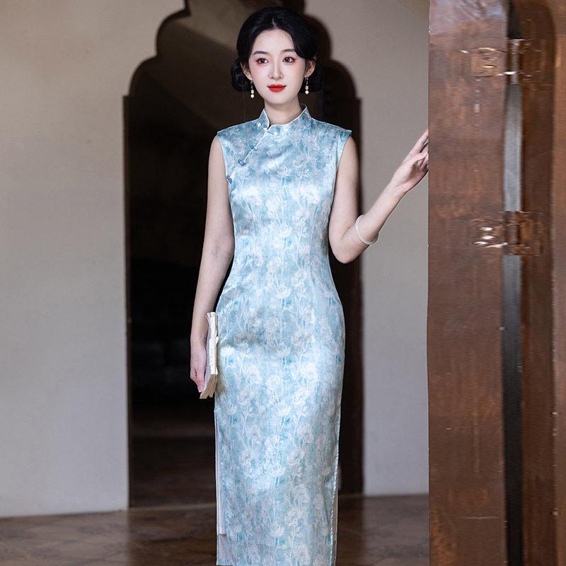 Blue national style new Chinese sleeveless Suzhou long cheongsam improved young 1011 new women's high sense summer