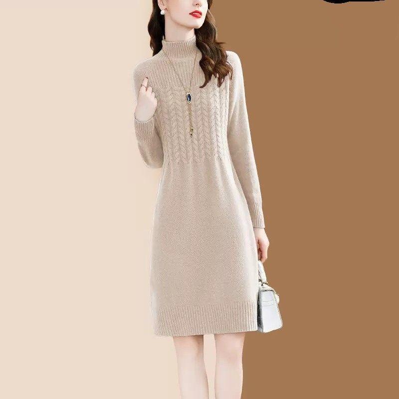 Fashionable Sweater Dress for Women Versatile Semi-high-neck Knitted Base Dress Casual Pullover