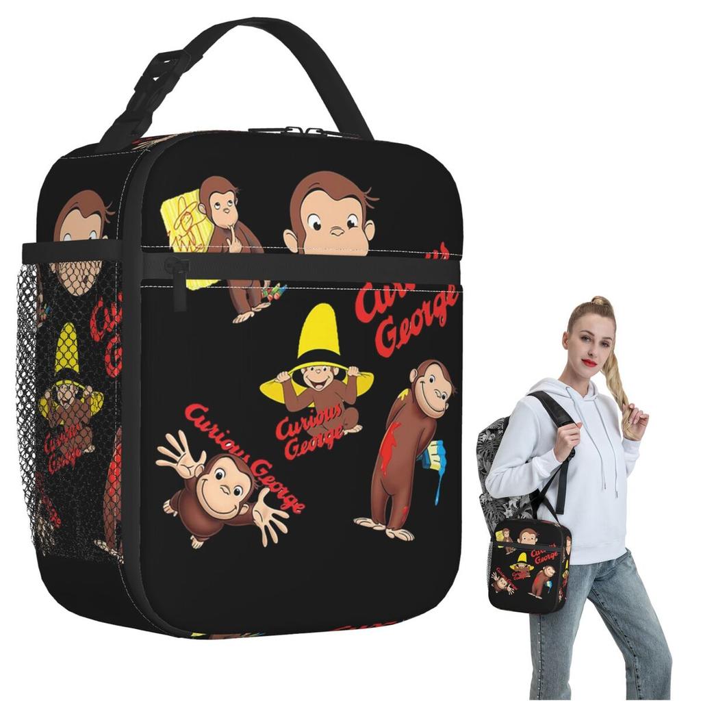 Cartoon Curious George Monkey Anime Insulated Lunch Bag for Women Kids Portable Food Boxes Thermal Lunch Box Tote