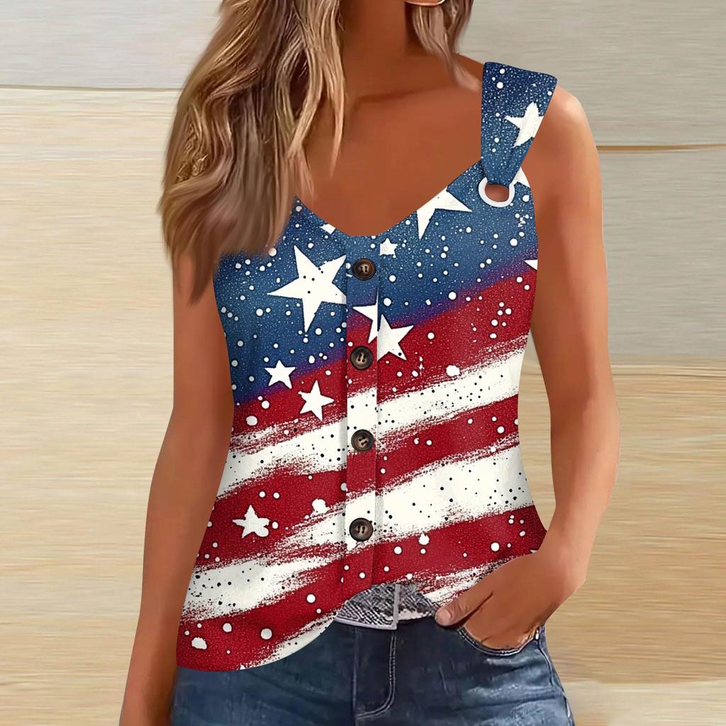 Women's Fashion Casual Loose Sleeveless Buttoned V-Neck Independence Day Printed T-Shirt Top
