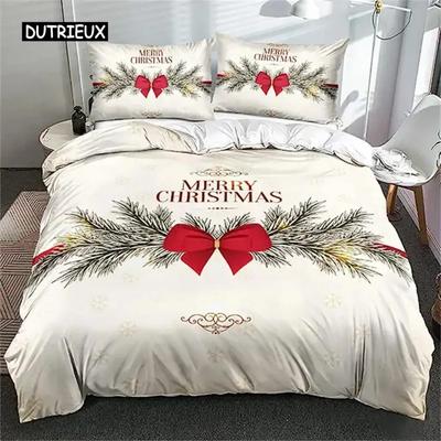 3D Weihnachten Bettbezug Rotes Schleifenmuster Bettdeckenbezüge Kissenbezüge Buff Farbe Bettwäscheset Weihnachtsgeschenk Dekorationen Für Kinder Frauen